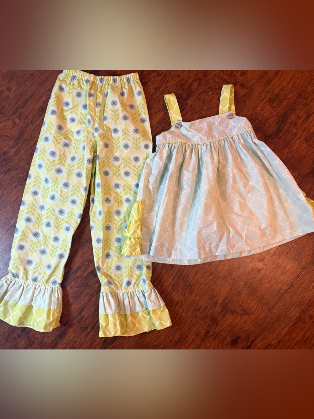 Girls Yellow & Light Blue Two-Piece Pajama Set with Ruffle Pants